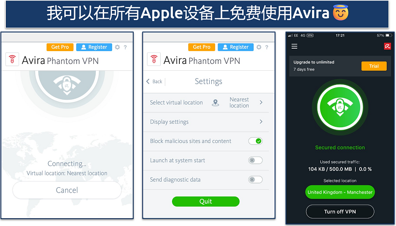 Screenshots showing the Avira Phantom macOS and iOS apps