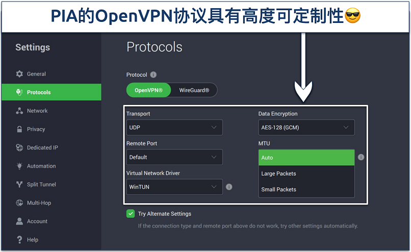 Screenshot of PIA's protocol settings page with its OpenVPN customization options