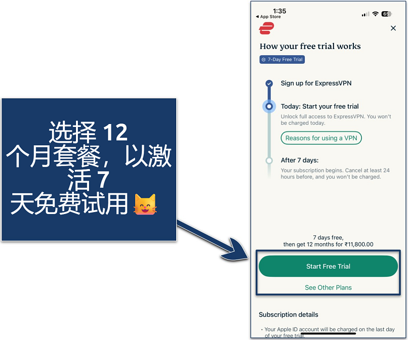 Screenshot explaining how ExpressVPN's free trial works