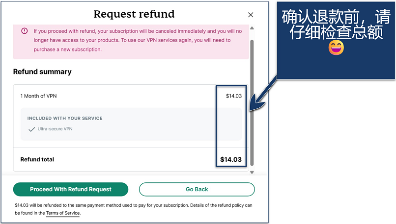 Screenshot of ExpressVPN Request refund final page