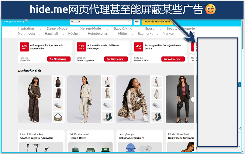 Screenshot of the Otto.de marketplace loaded via the hide.me web proxy