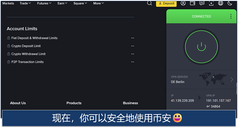 Screenshot of Binance account limits page with VPN connected to Berlin server