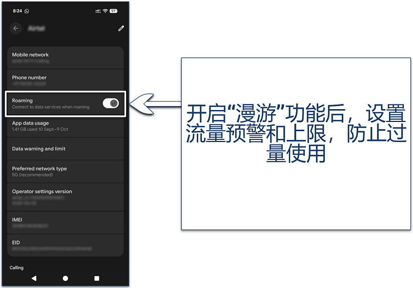 Screenshot of the SIM Roaming settings on Android