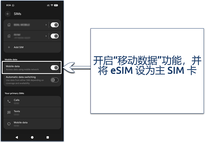 Screenshot of the SIM settings on Android
