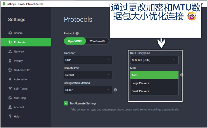 A screenshot of PIA customization settings for gaming