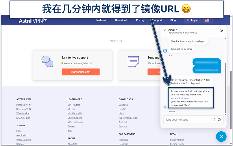 Screenshot of the Astrill VPN homepage with a live chat window open