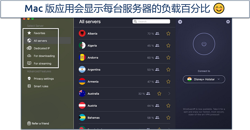 Screenshot of CyberGhost VPN app showing server list with load percentages for different countries